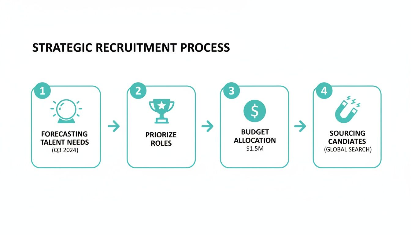 Strategic recruitment process flowchart showing steps for forecasting, prioritizing, budgeting, and sourcing candidates.