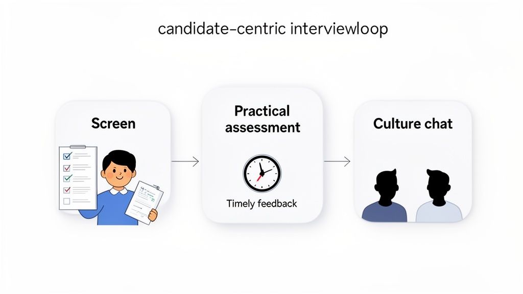 An illustration depicting a candidate-centric interview loop with screen, practical assessment, and culture chat stages.