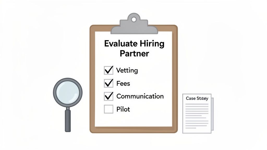 A clipboard checklist titled 'Evaluate Hiring Partner' with Vetting, Fees, and Communication checked, alongside a magnifying glass and case study.