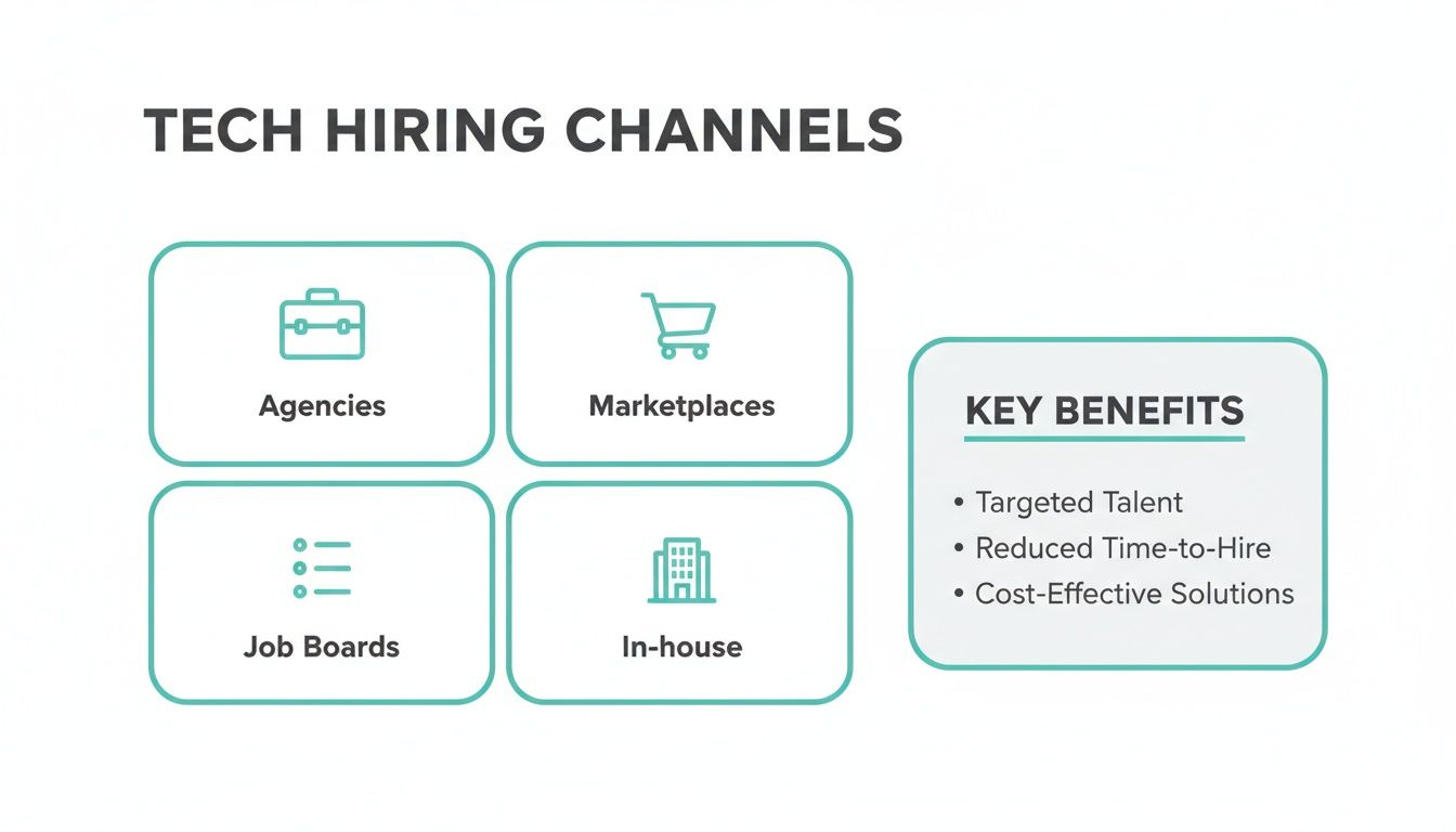 A diagram illustrating tech hiring channels including agencies, marketplaces, job boards, and in-house, with key benefits.