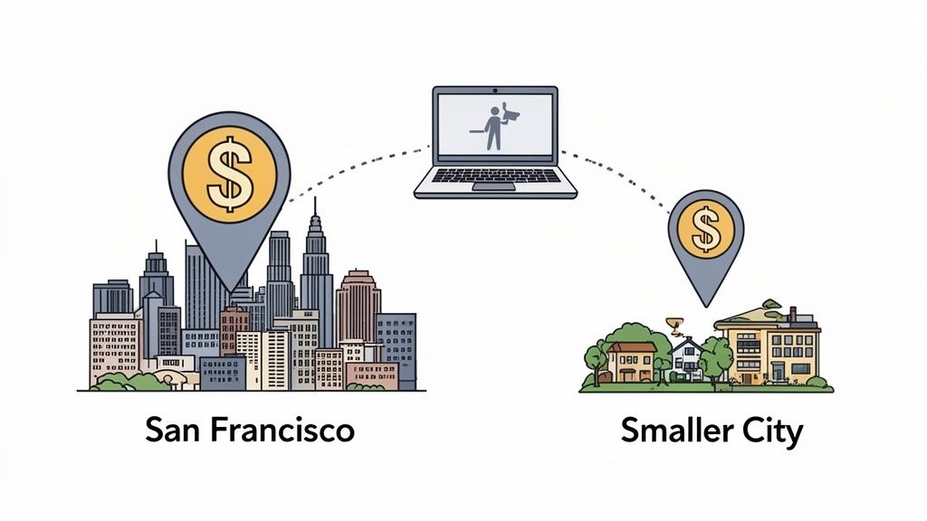 Illustration showing a higher salary in San Francisco versus a smaller city, connected by a laptop.