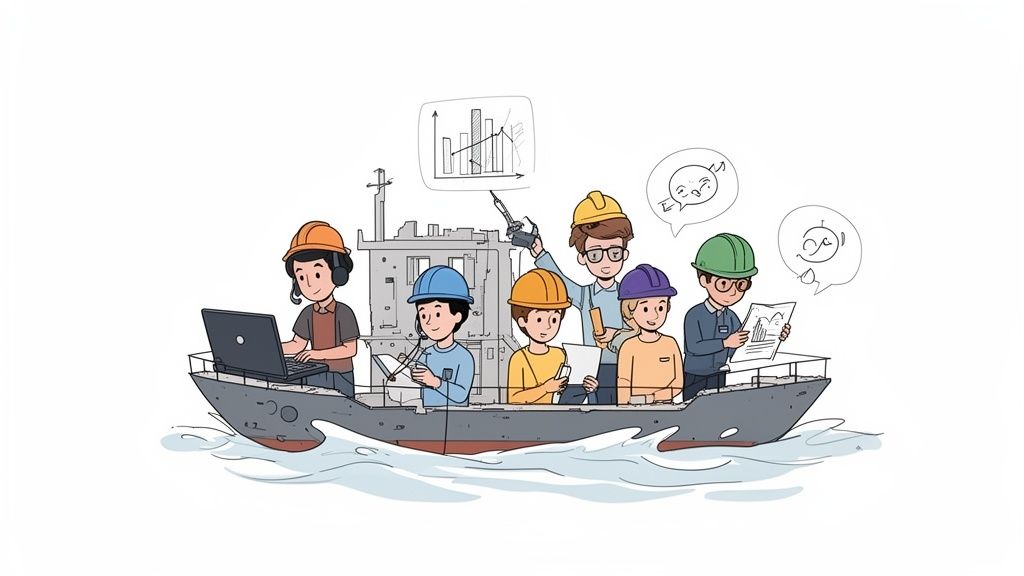 A diverse team of professionals in hard hats collaboratively working on a boat, engaged in tasks.