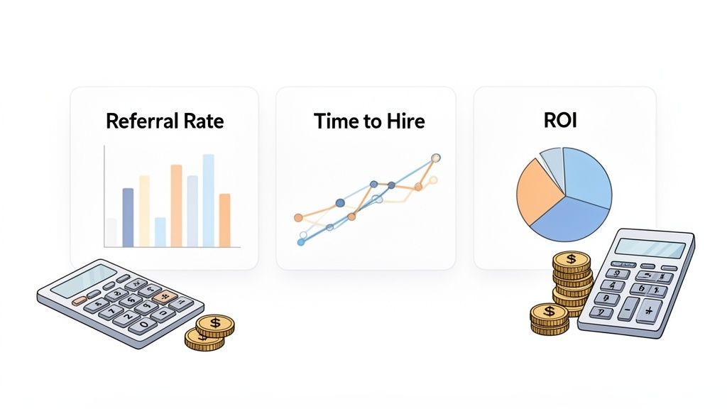 Visual representation of HR metrics: Referral Rate, Time to Hire, and ROI with charts and calculators.