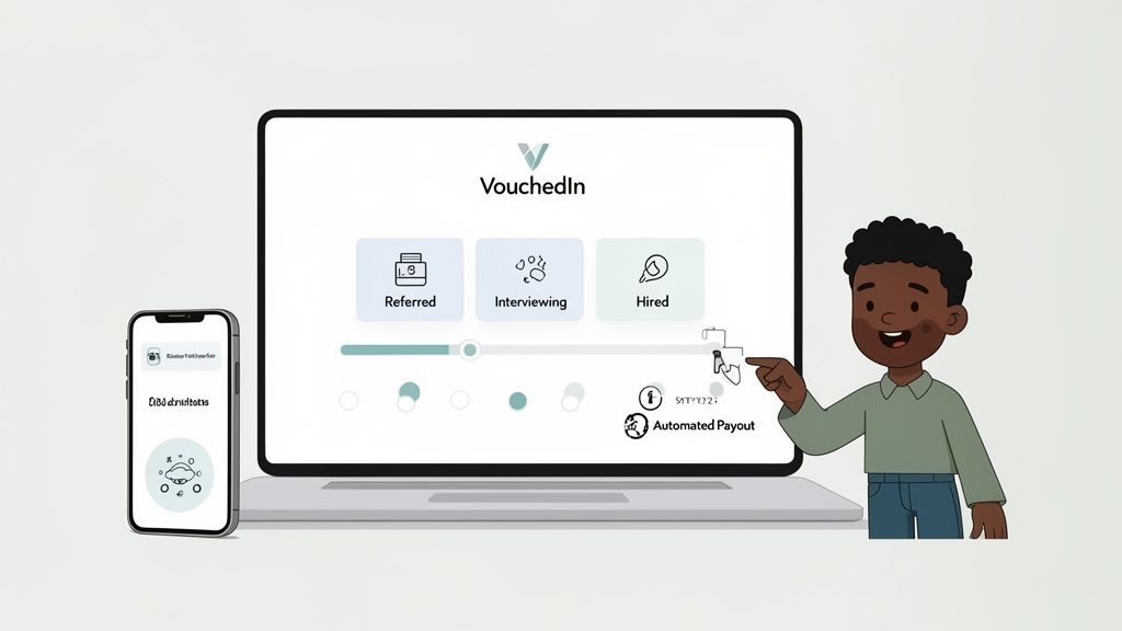 A cartoon boy interacts with a VouchedIn laptop screen showing employee referral progress and automated payout.