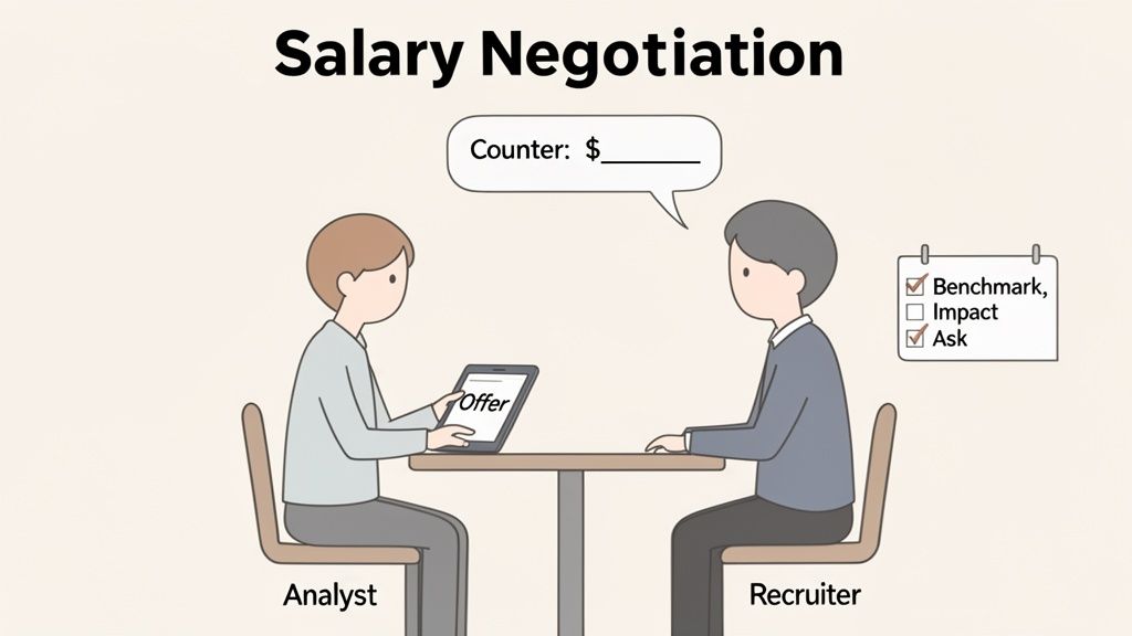 Illustration of an analyst and recruiter discussing a job offer and counter during salary negotiation.