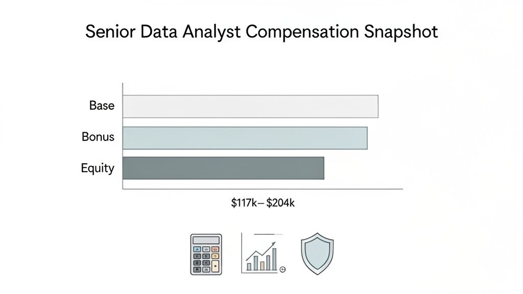 Bar chart showing Senior Data Analyst compensation snapshot, detailing base, bonus, and equity components.