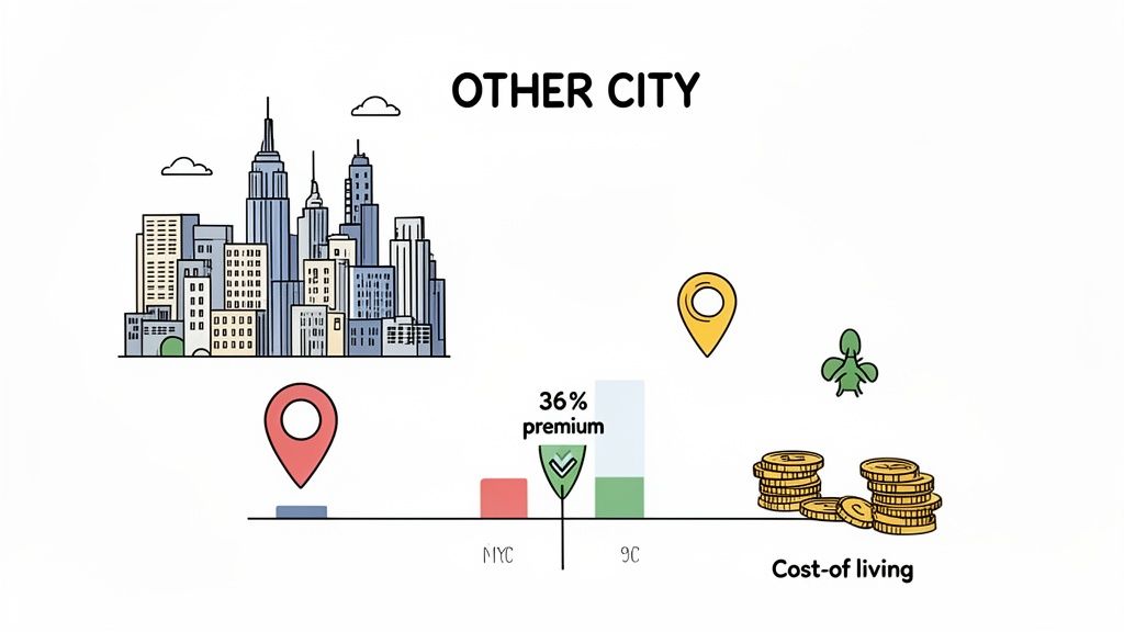 Illustration comparing New York City and another city's cost of living, showing a 36% premium.