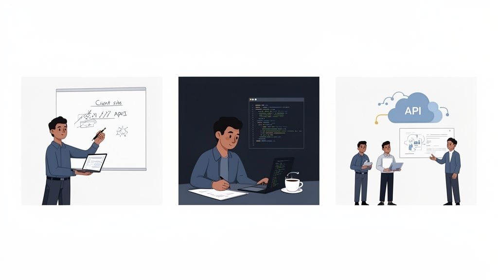 Illustrations showing a software development process: explaining client site, coding, and API integration.