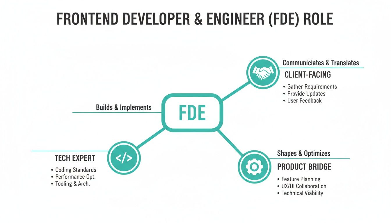 Diagram illustrating the Frontend Developer & Engineer (FDE) role and its four key responsibilities.