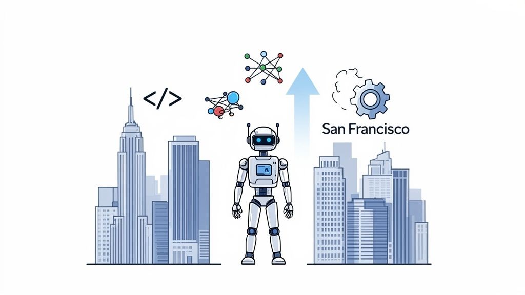 A robot stands between two cityscapes, with code and neural networks pointing to San Francisco.
