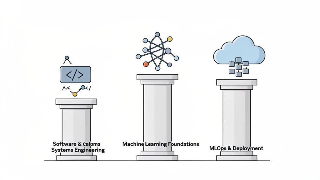 Three pillars illustrate software engineering, machine learning foundations, and MLOps & deployment stages.