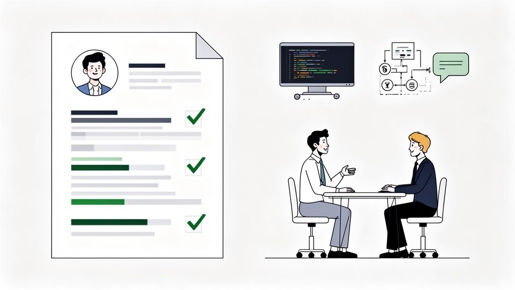 Illustration showing a resume with a profile, a coding screen, data flow diagram, and a job interview.