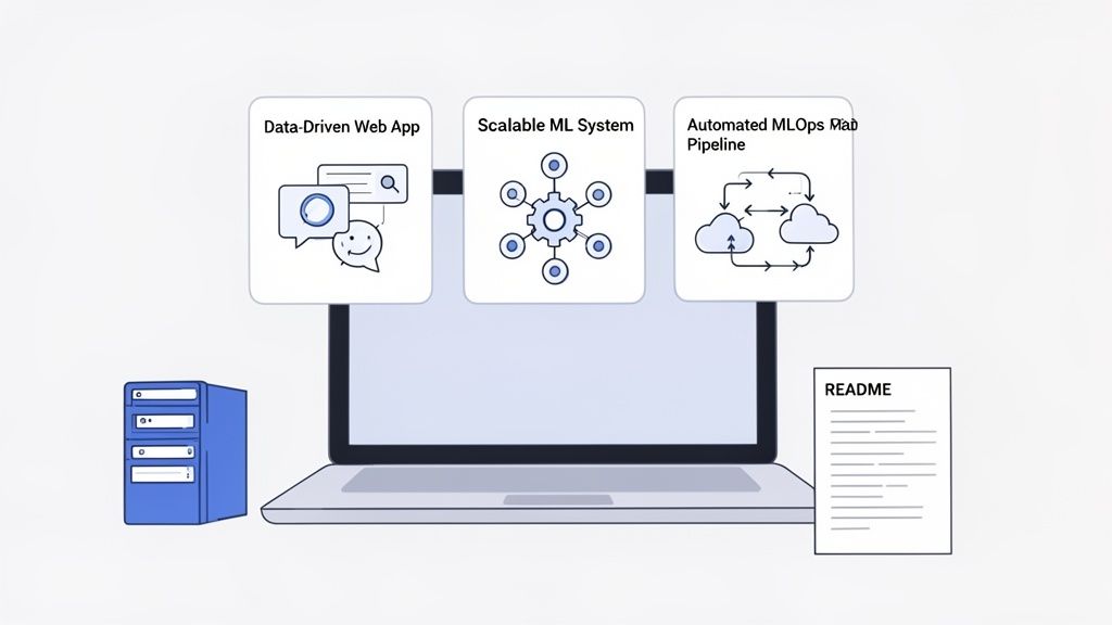 Illustration of a laptop, server, and README, showcasing data-driven web apps, scalable ML systems, and MLOps pipelines.