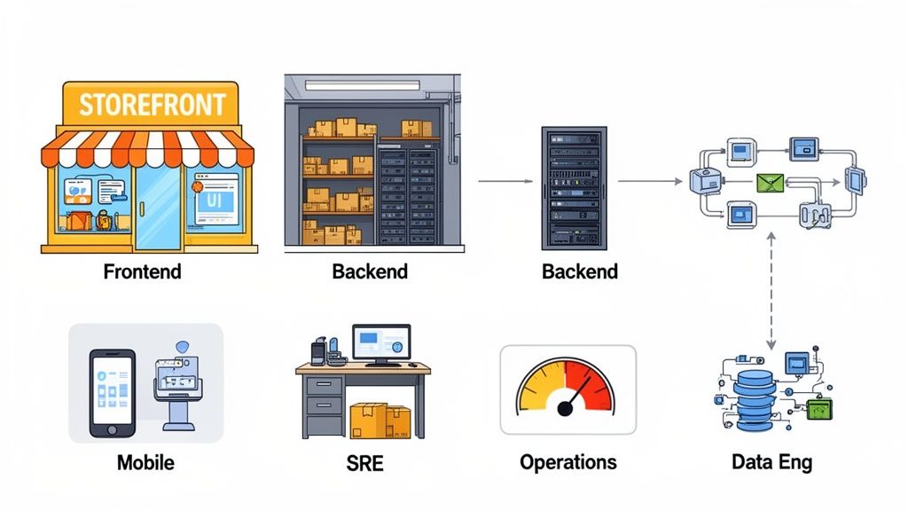 A diagram illustrating the software development ecosystem, showing frontend, backend, mobile, SRE, operations, and data engineering.