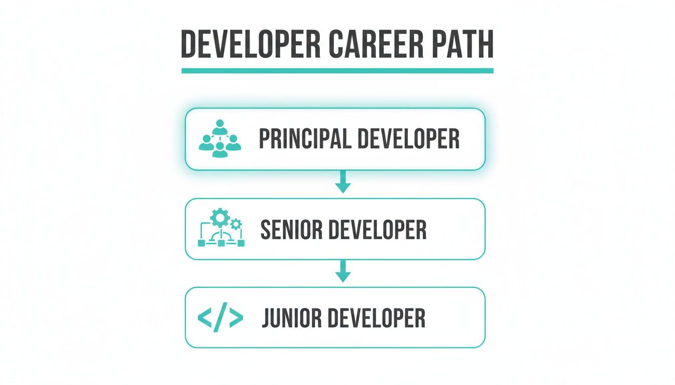 A flowchart showing the developer career path from Junior Developer to Senior Developer to Principal Developer.