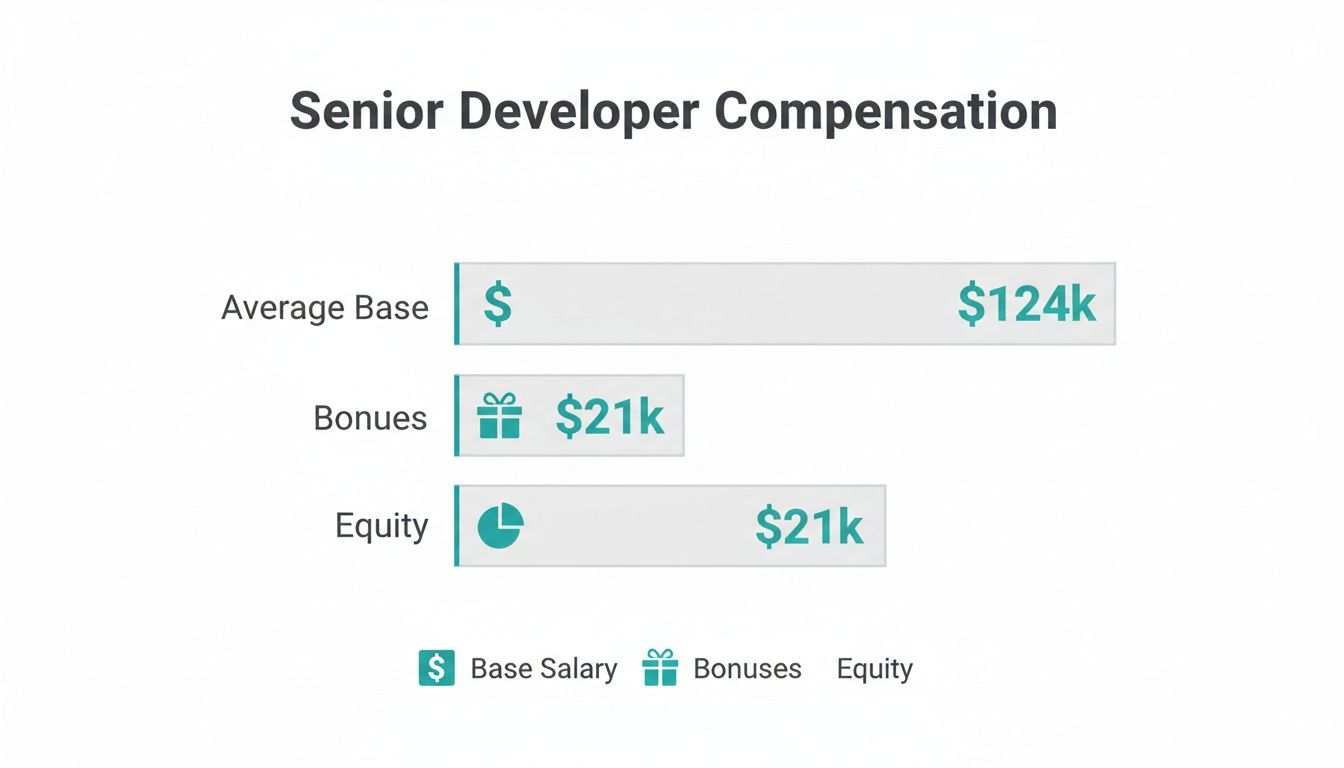 A bar chart detailing senior developer compensation: $124k average base, $21k bonuses, and $21k equity.