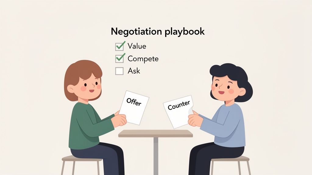 Two people negotiate offer and counter-offer with a 'Negotiation playbook' checklist of value, compete, and ask.