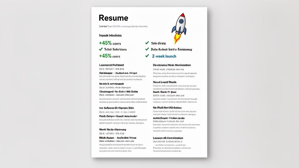 A resume document with a rocket illustration, showcasing career highlights, skills, and experience sections.