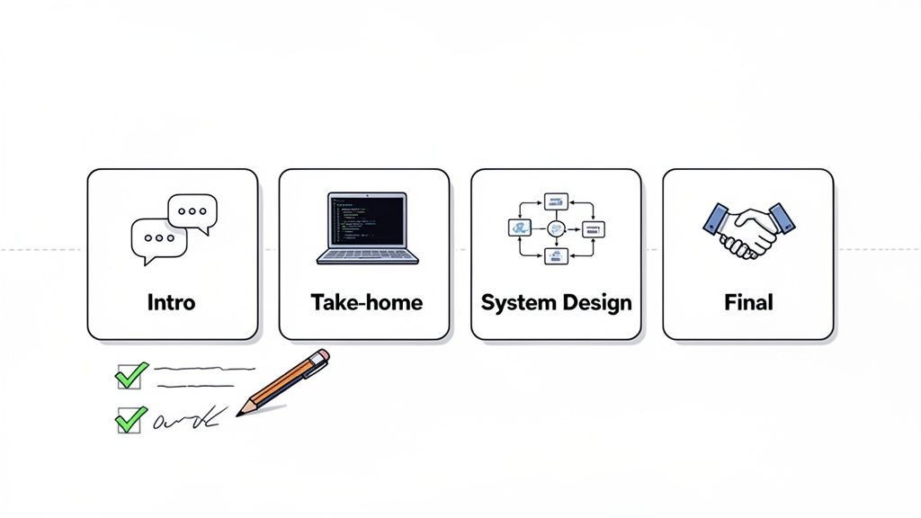 A visual representation of a software engineer hiring process with Intro, Take-home, System Design, and Final steps.