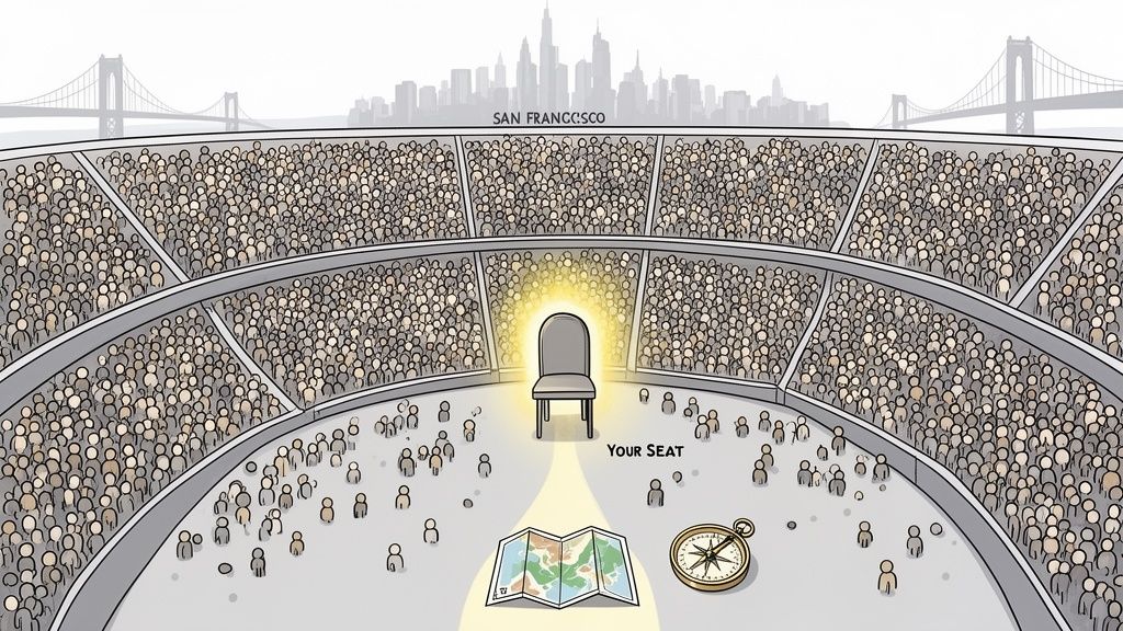 An illuminated chair in a stadium surrounded by a crowd, with a map and compass guiding to it.