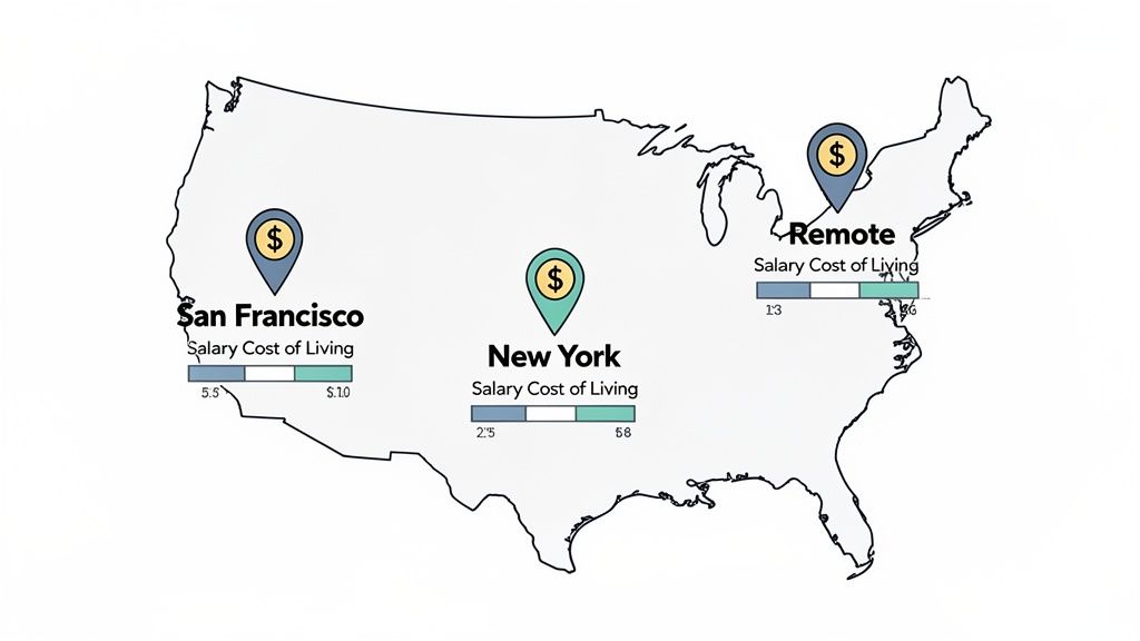 Map of USA displaying salary versus cost of living comparisons for San Francisco, New York, and remote work.