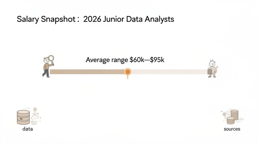Infographic displaying the 2026 Junior Data Analyst salary range from $60k to $95k.