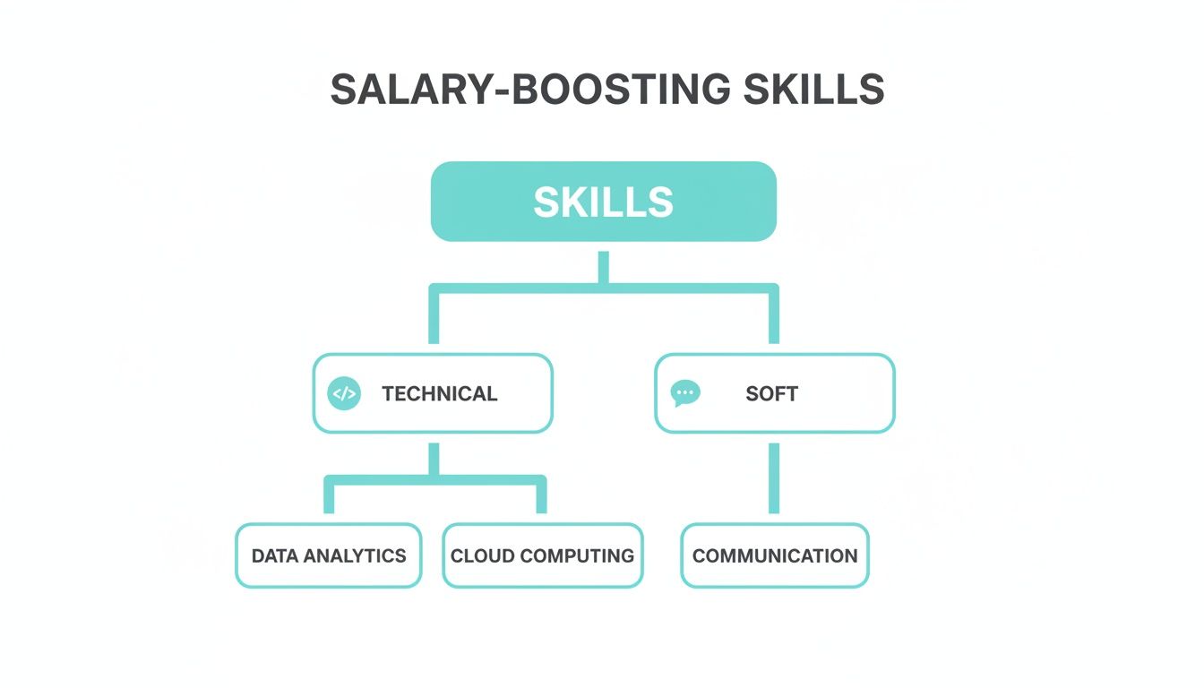 A diagram illustrating salary-boosting skills, including technical skills like data analytics and cloud computing, and soft skills like communication.