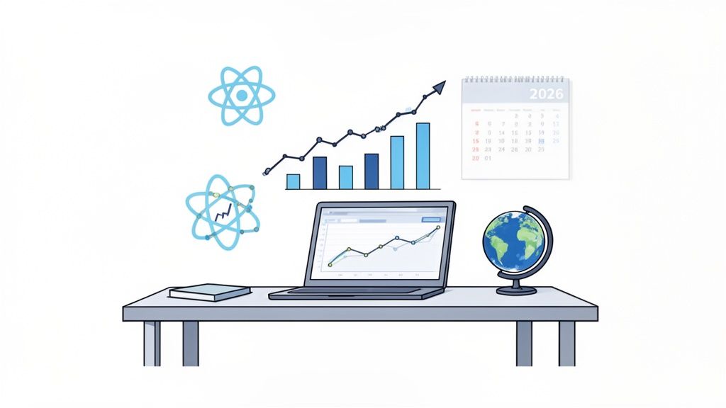 A minimalist illustration of a workspace with a laptop, globe, growth graphs, and atomic symbols.