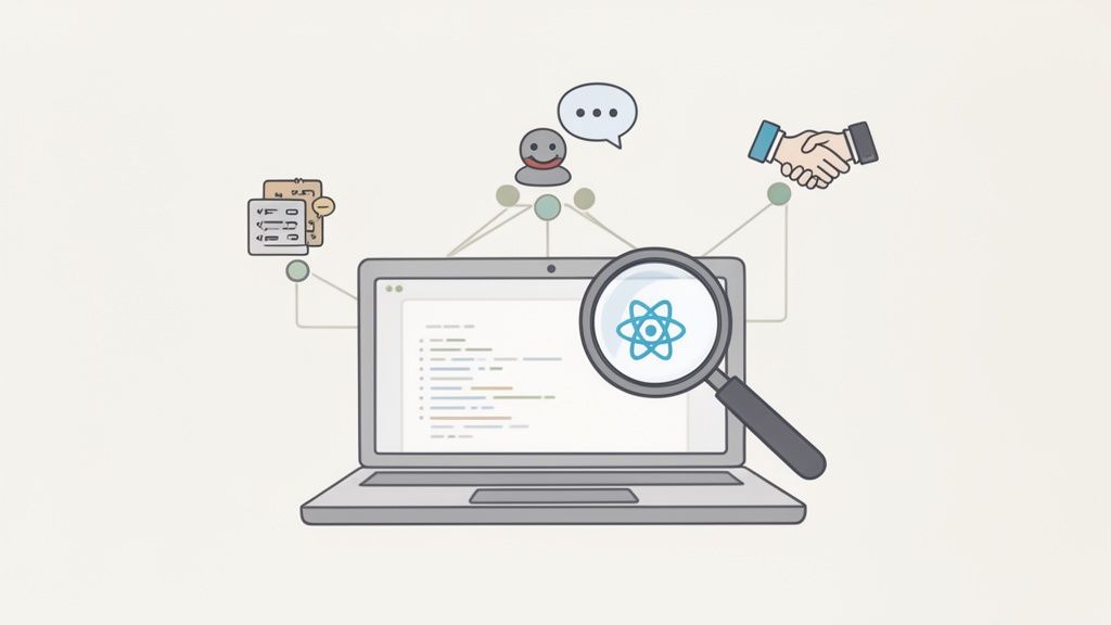 An illustration showing a laptop with React JS code, surrounded by icons representing files, user interaction, and collaboration.
