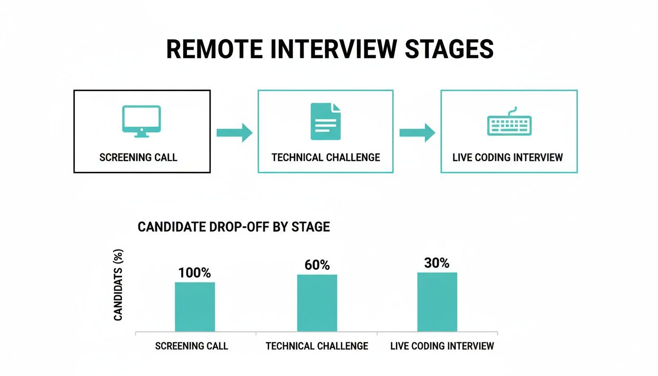 Infographic illustrating remote interview stages and candidate drop-off rates across screening, technical challenge, and live coding.