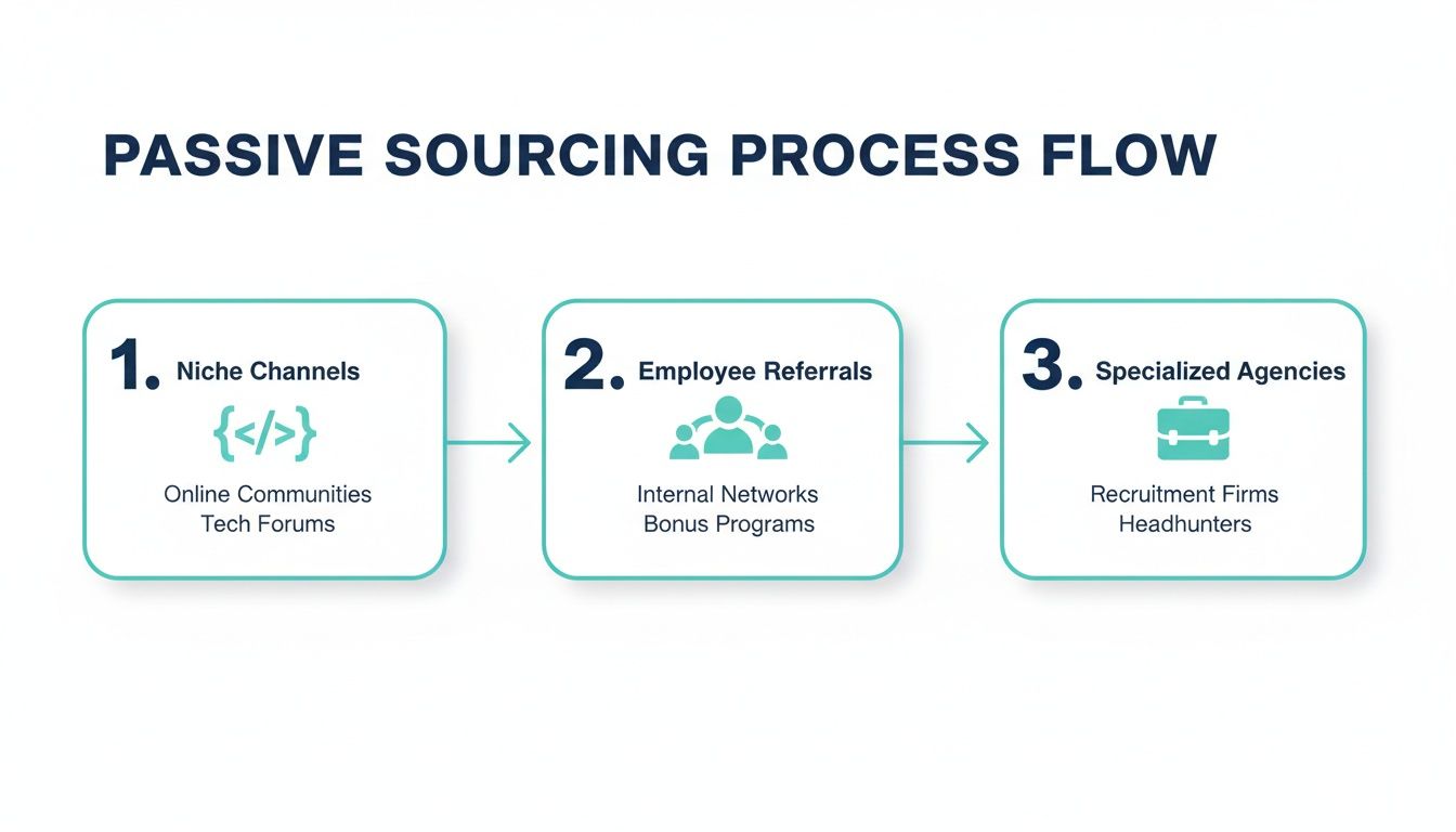 Flowchart illustrating the passive sourcing process, showing steps for Niche Channels, Employee Referrals, and Specialized Agencies.