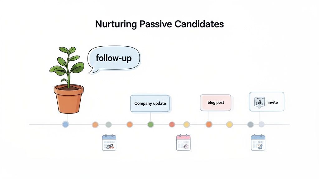 A visual timeline illustrates nurturing passive candidates with follow-ups, company updates, blog posts, and invites.
