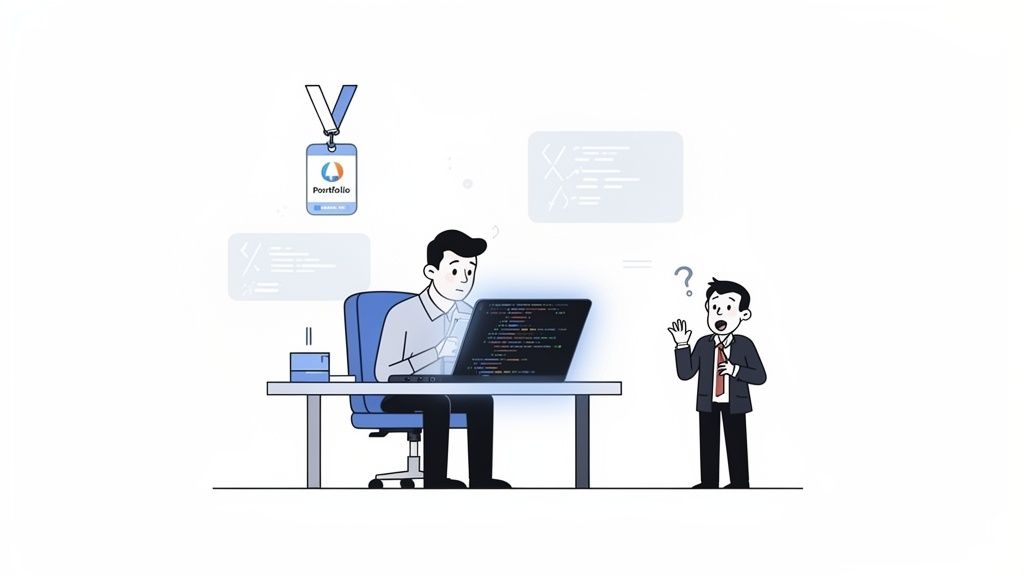 An animated scene of a developer coding on a laptop while a confused businessman watches.