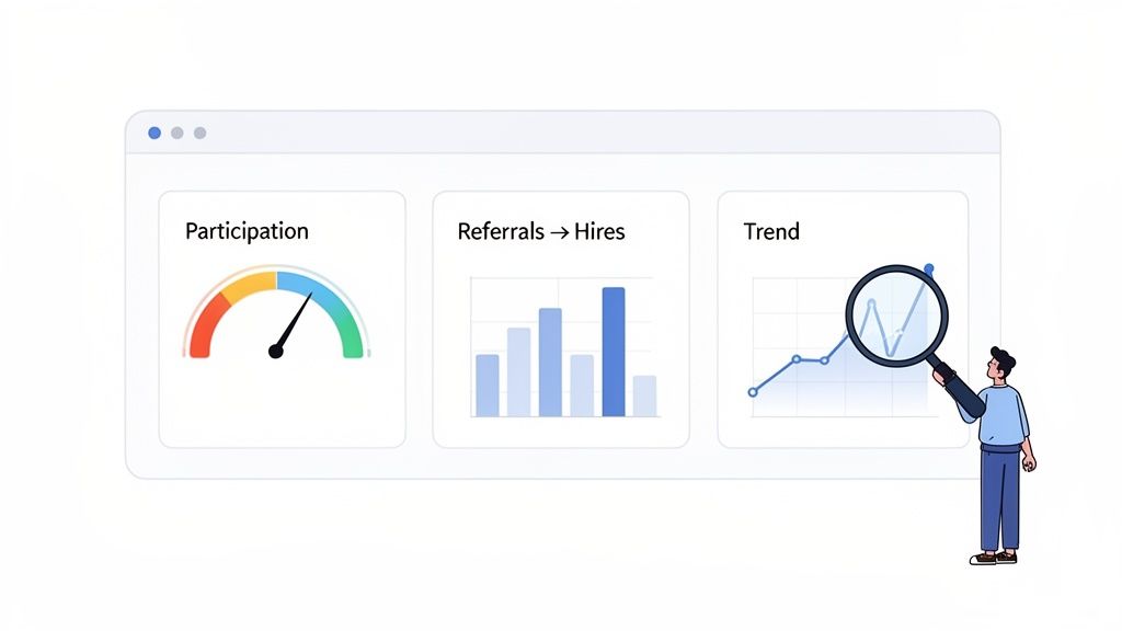 A dashboard displaying participation, referrals to hires, and trend charts, with a man analyzing data with a magnifying glass.