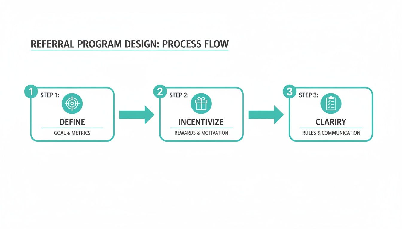 A process flow diagram illustrating three key steps for designing a referral program: Define, Incentivize, and Clarify.