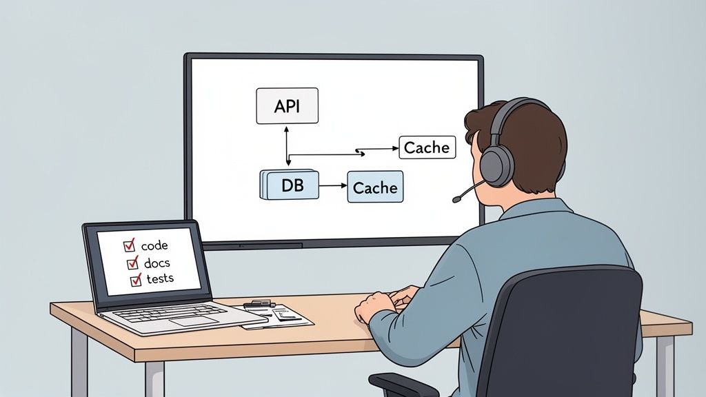 A developer with a headset looks at screens showing a system architecture diagram and a completed checklist.