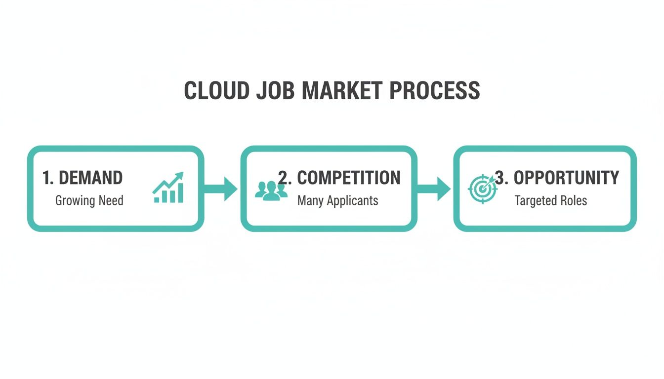 A diagram illustrating the cloud job market process from demand and competition to opportunity.