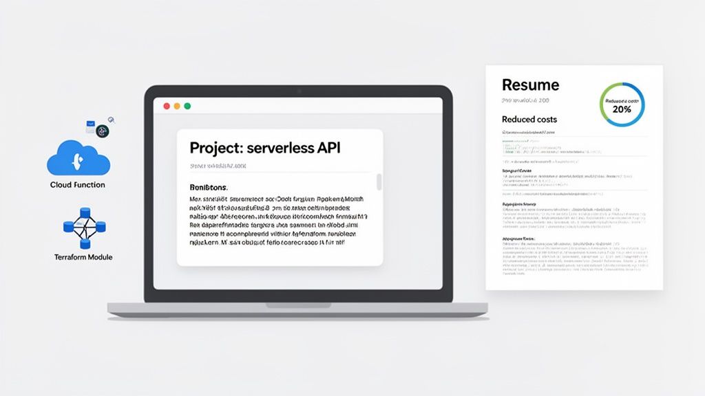 A laptop displays a serverless API project, cloud function, Terraform module, and a resume with 20% cost reduction.