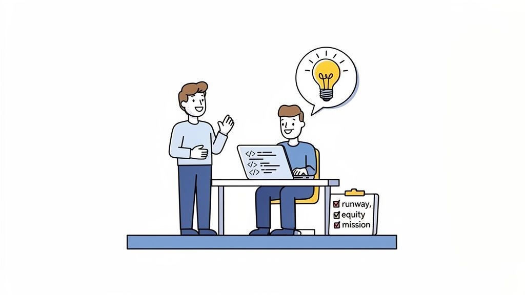 Two men discussing startup ideas; one codes on a laptop while a lightbulb symbolizes innovation.