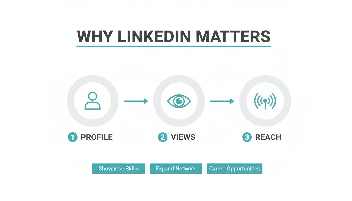 Infographic showing the LinkedIn process: Profile, Views, Reach, and benefits like showcasing skills and career opportunities.