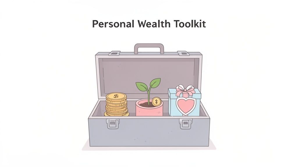 An open briefcase showcasing a personal wealth toolkit with gold coins, a money plant, and a heart gift box.