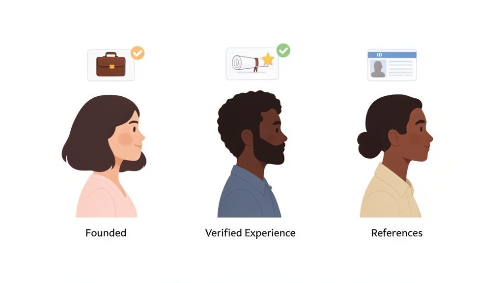 Illustrations of three individuals symbolizing founded status, verified experience, and professional references.