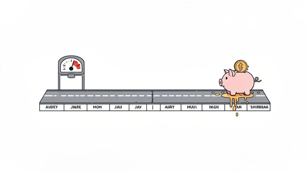 Illustration of a financial timeline with a speedometer and a leaking piggy bank, symbolizing expenses.
