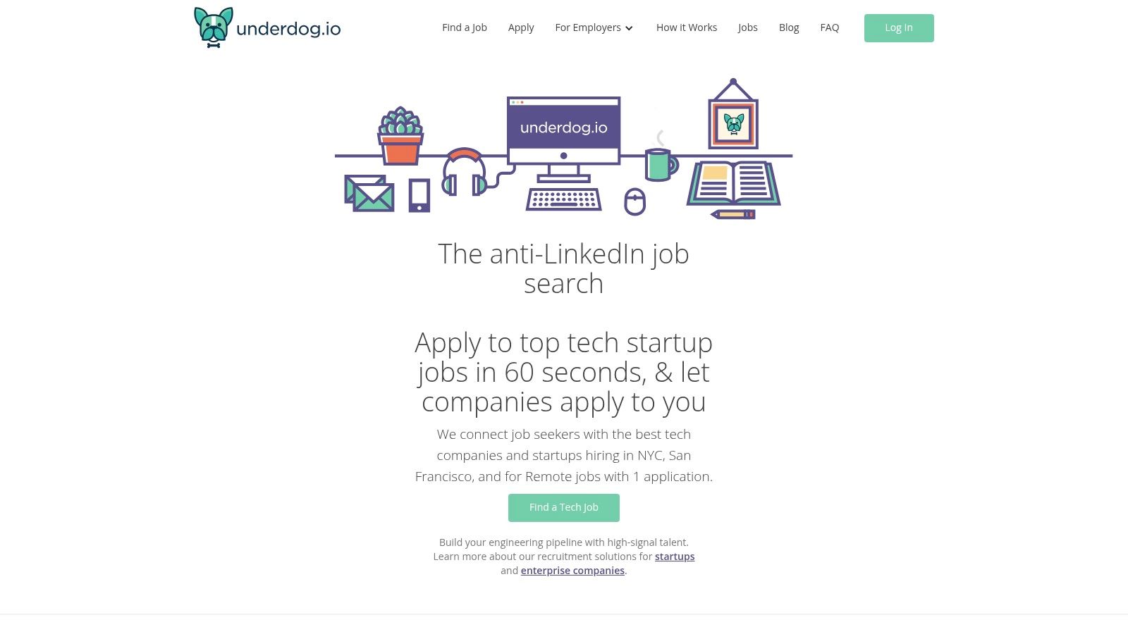 Underdog.io website screenshot showing a curated list of tech jobs