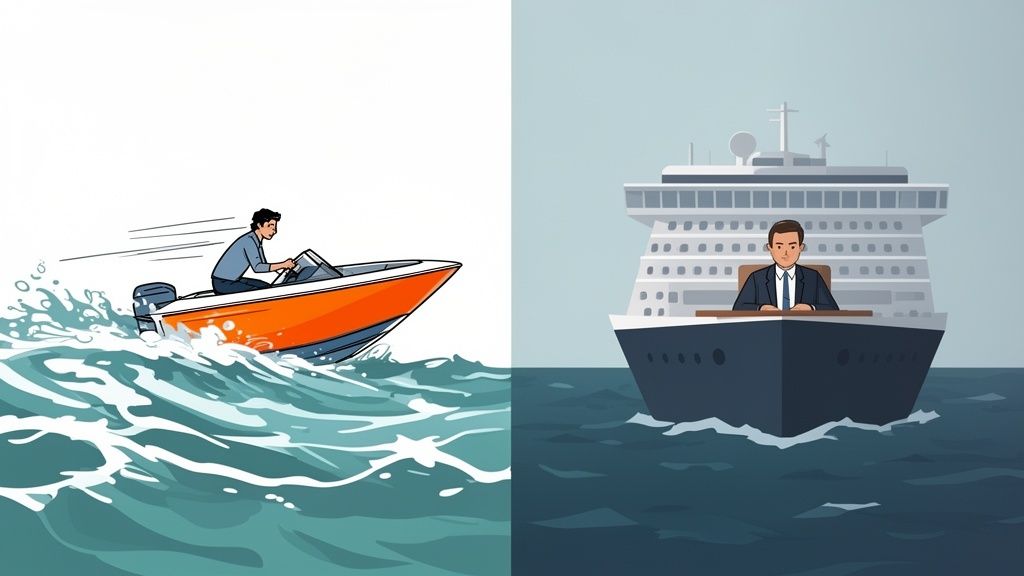 Illustration contrasting a man driving a fast speed boat and a businessman on a large cruise ship.