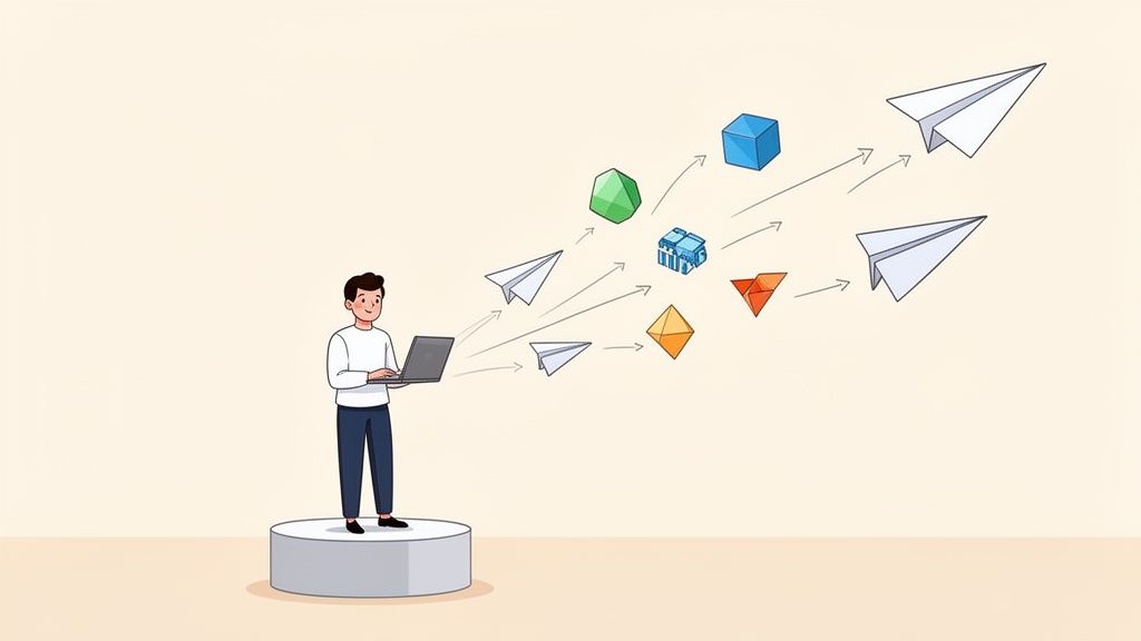 An illustration of a man using a laptop, sending information to diverse objects and paper airplanes.