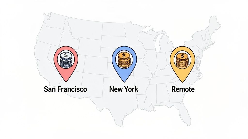 A map of the USA showing salary comparisons in San Francisco, New York, and remote locations, indicated by dollar coins.
