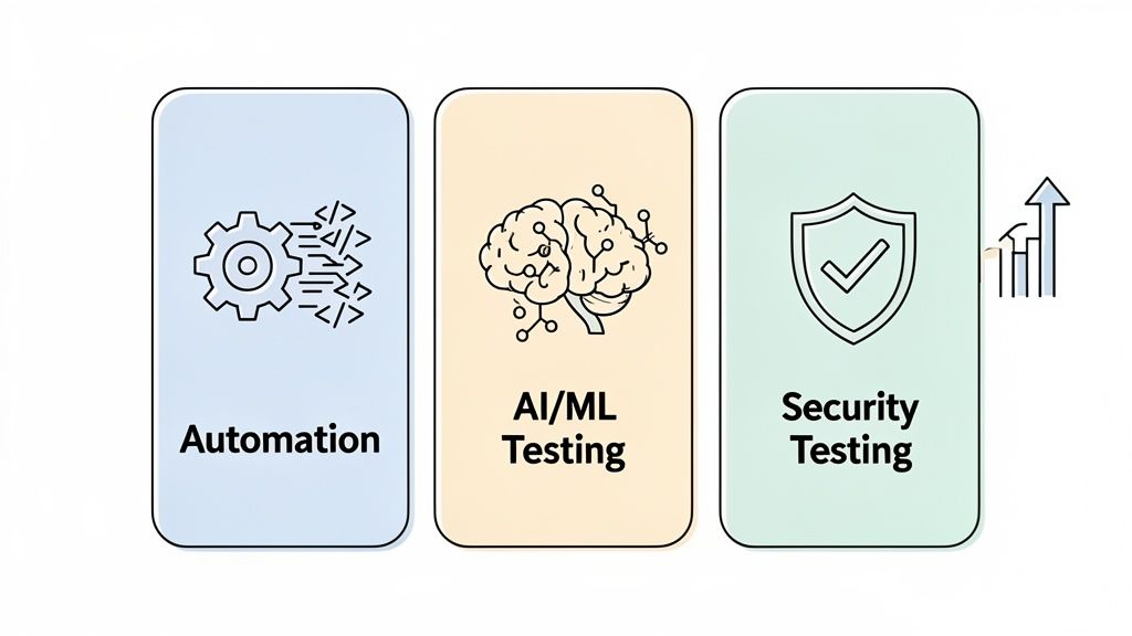 Three cards illustrating Automation, AI/ML Testing, and Security Testing, with a symbol for growth.