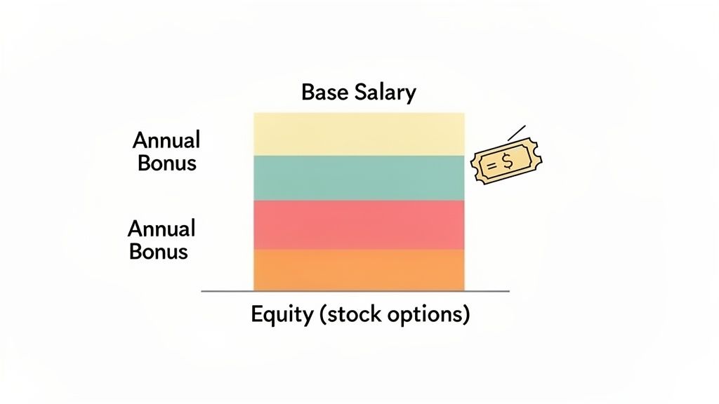 A stacked bar chart illustrates total compensation components: base salary, annual bonus, and equity (stock options).