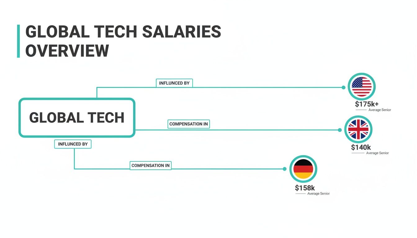 Mind map illustrating average senior global tech salaries in the USA, UK, and Germany.